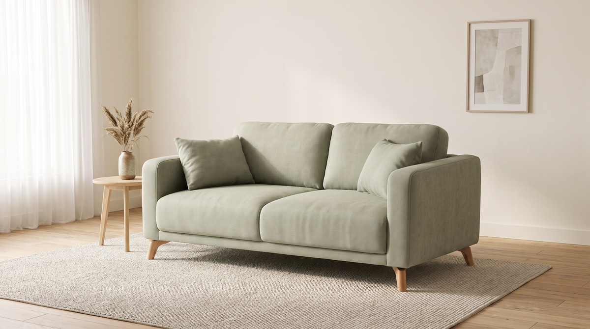 Nest Sage sofa styled in a calm living room