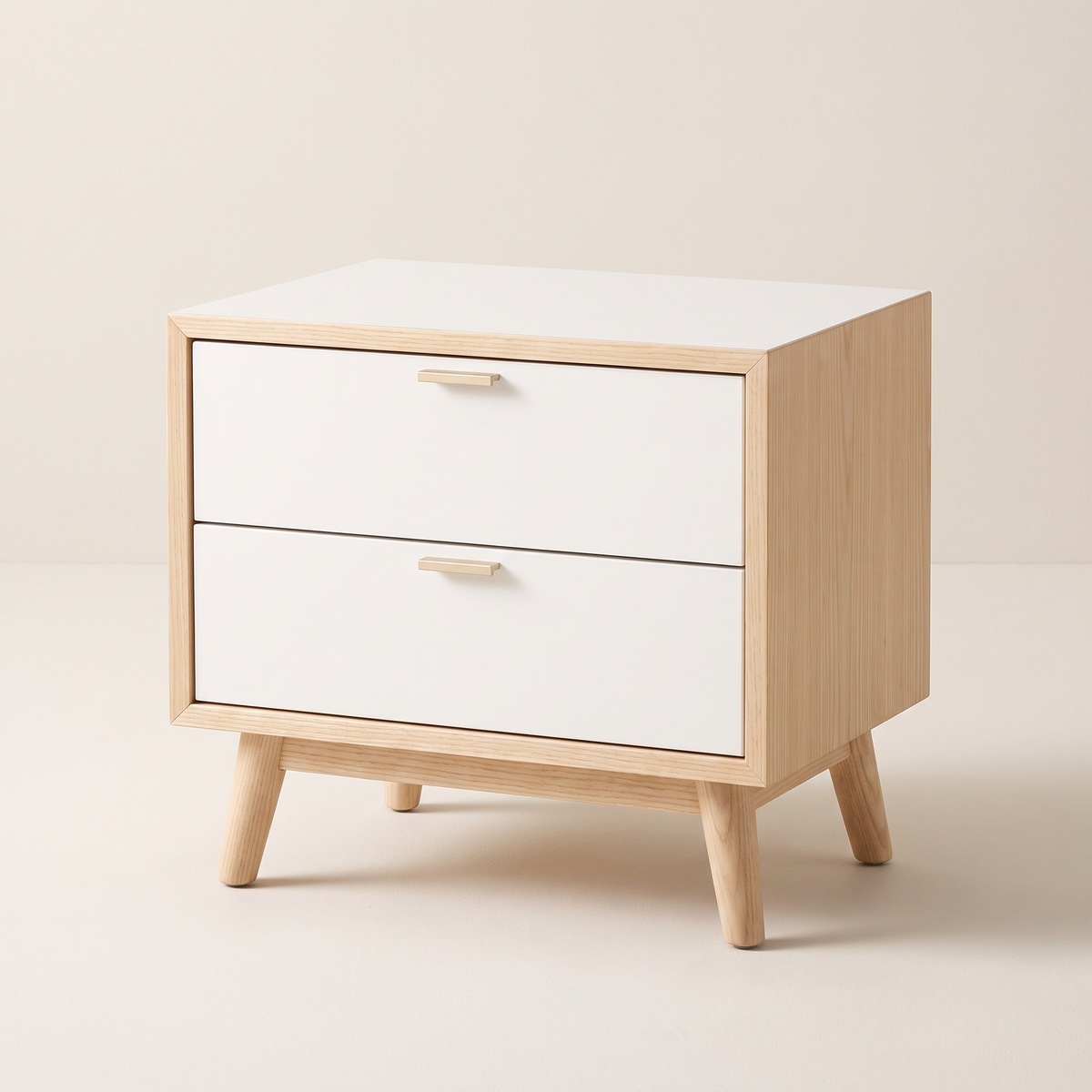 Night Stand 811 bedside table in pale ash with two white drawers and splayed legs, front three-quarter view