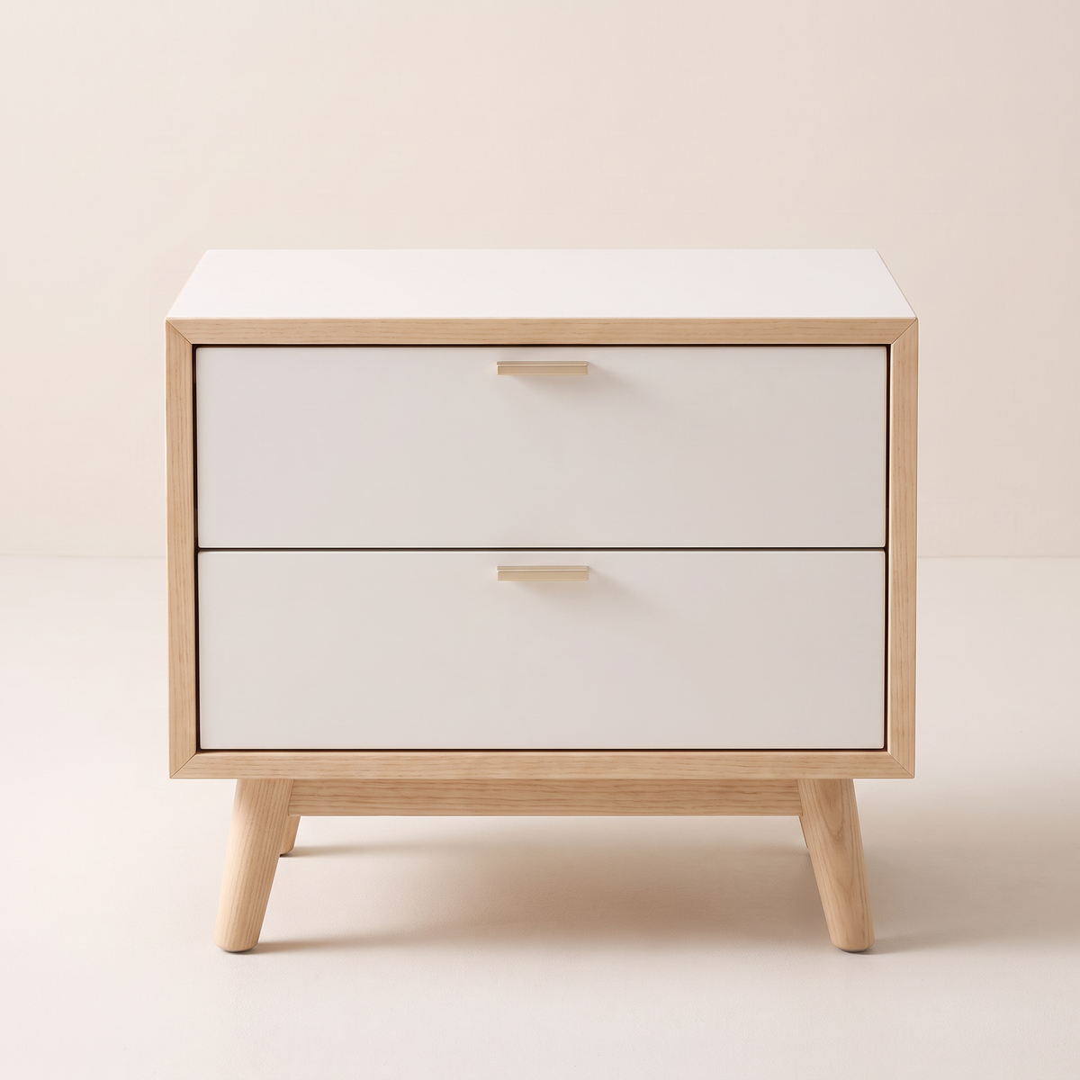 Night Stand 811 bedside table in pale ash with two white drawers, front view