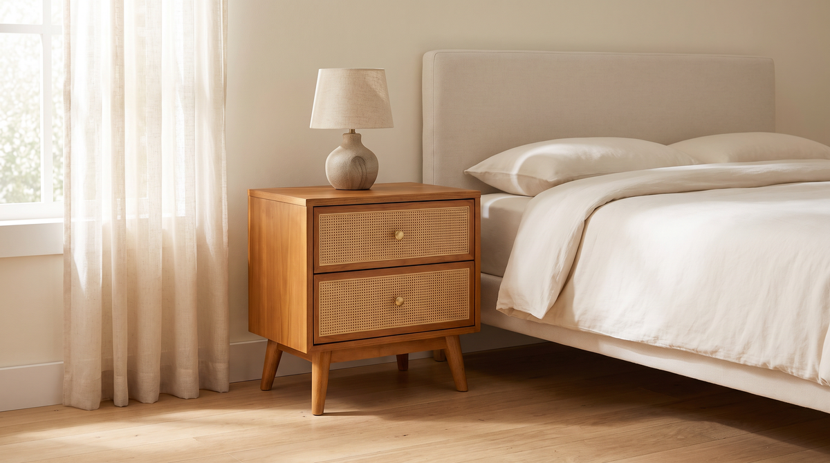 Night Stand 813 bedside table styled beside a bed in a calm bedroom