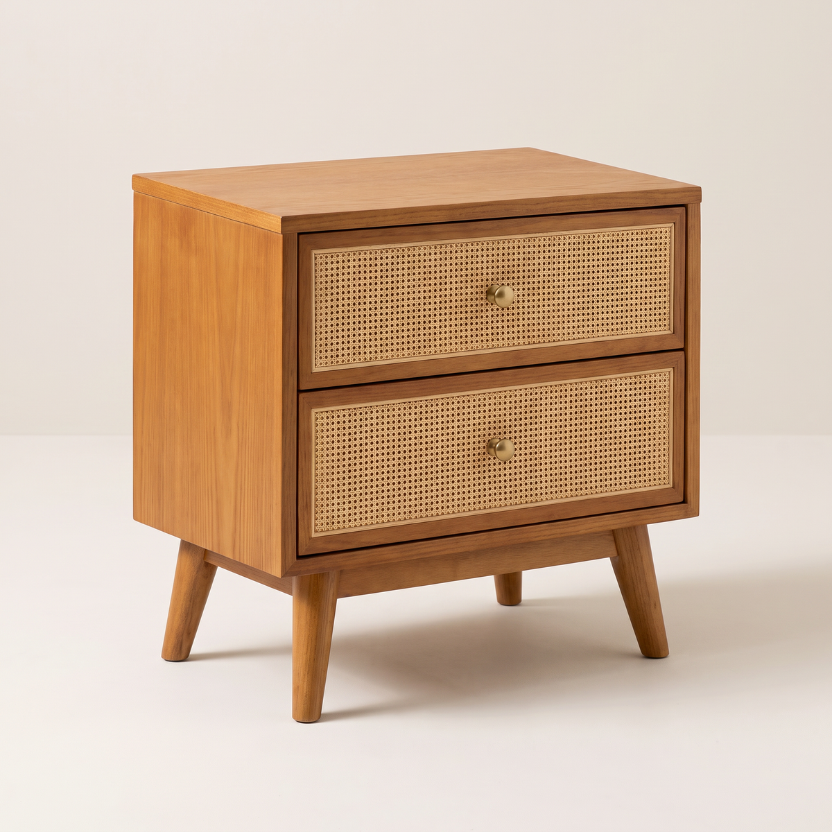 Night Stand 813 bedside table in honey ash with two cane drawers and brass knobs, front three-quarter view