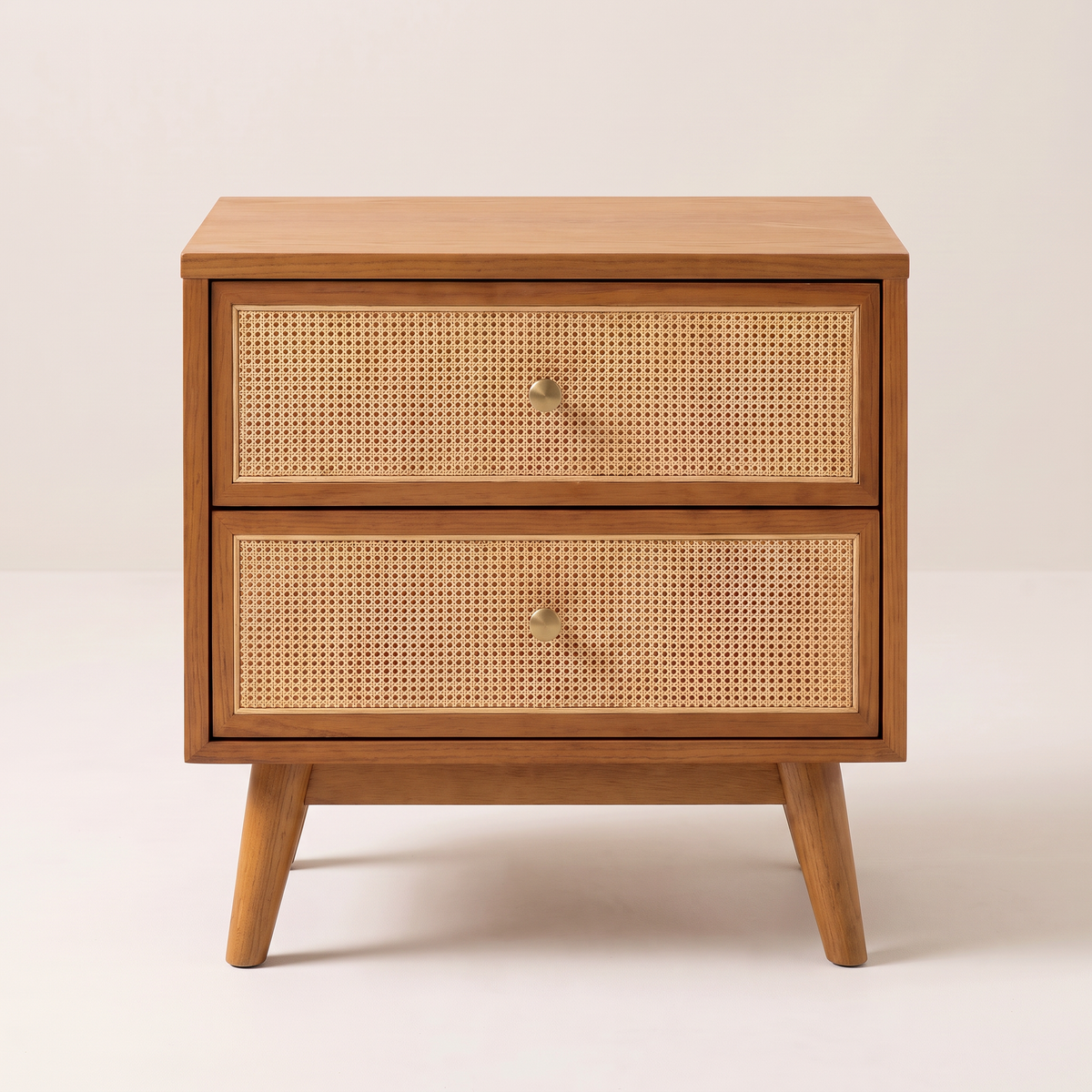 Night Stand 813 bedside table in honey ash with two cane drawers, front view