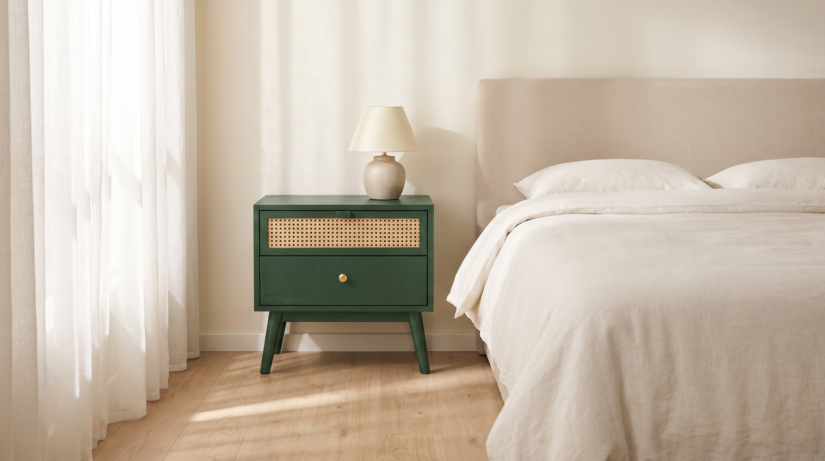 Night Stand 814 bedside table styled beside a bed in a calm bedroom