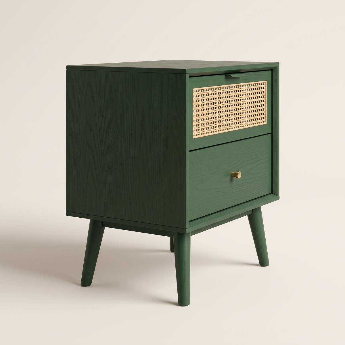 Night Stand 814 bedside table in forest green ash with cane upper drawer, opposite three-quarter view