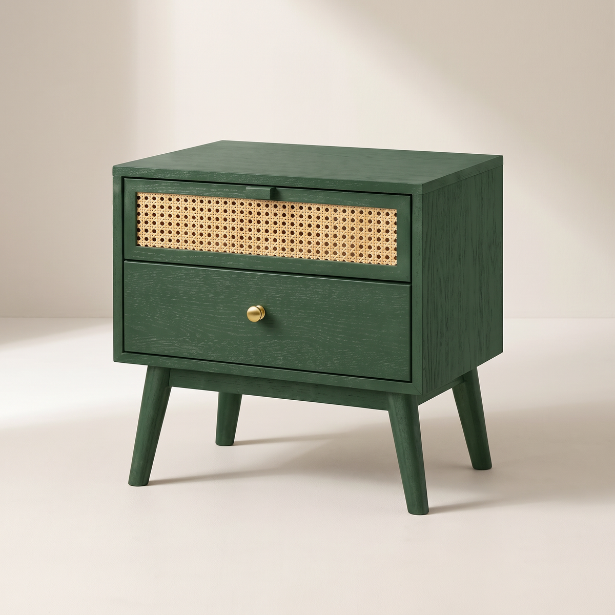 Night Stand 814 bedside table in forest green ash with cane upper drawer and brass knob, front three-quarter view