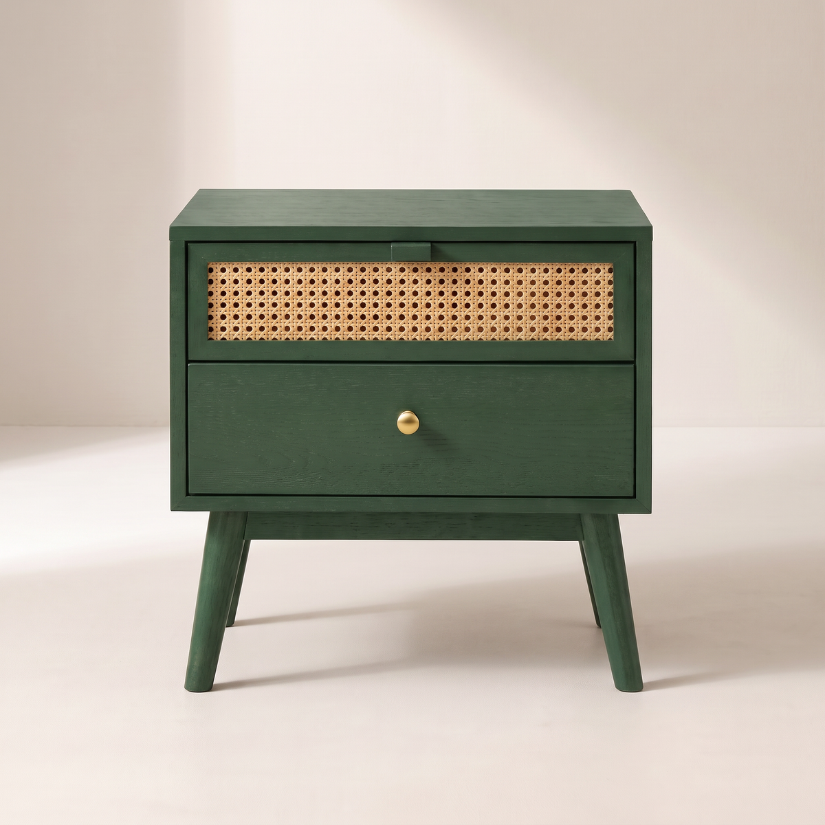 Night Stand 814 bedside table in forest green ash with cane upper drawer, front view