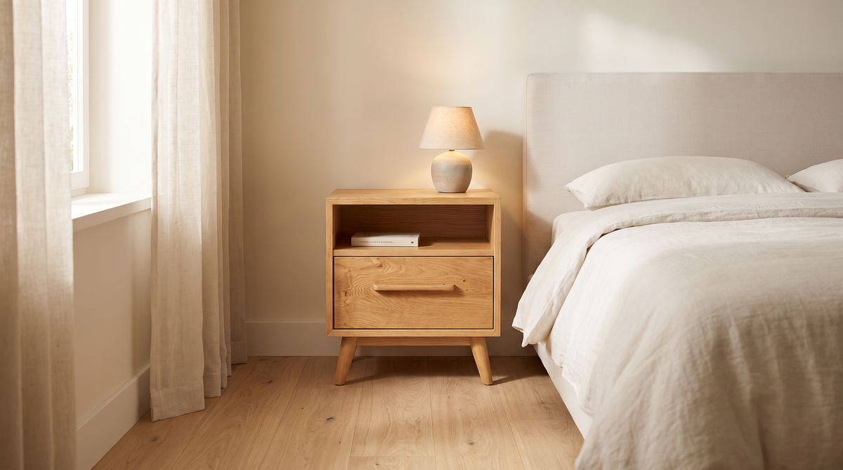 Night Stand 815 bedside table styled beside a bed in a calm bedroom