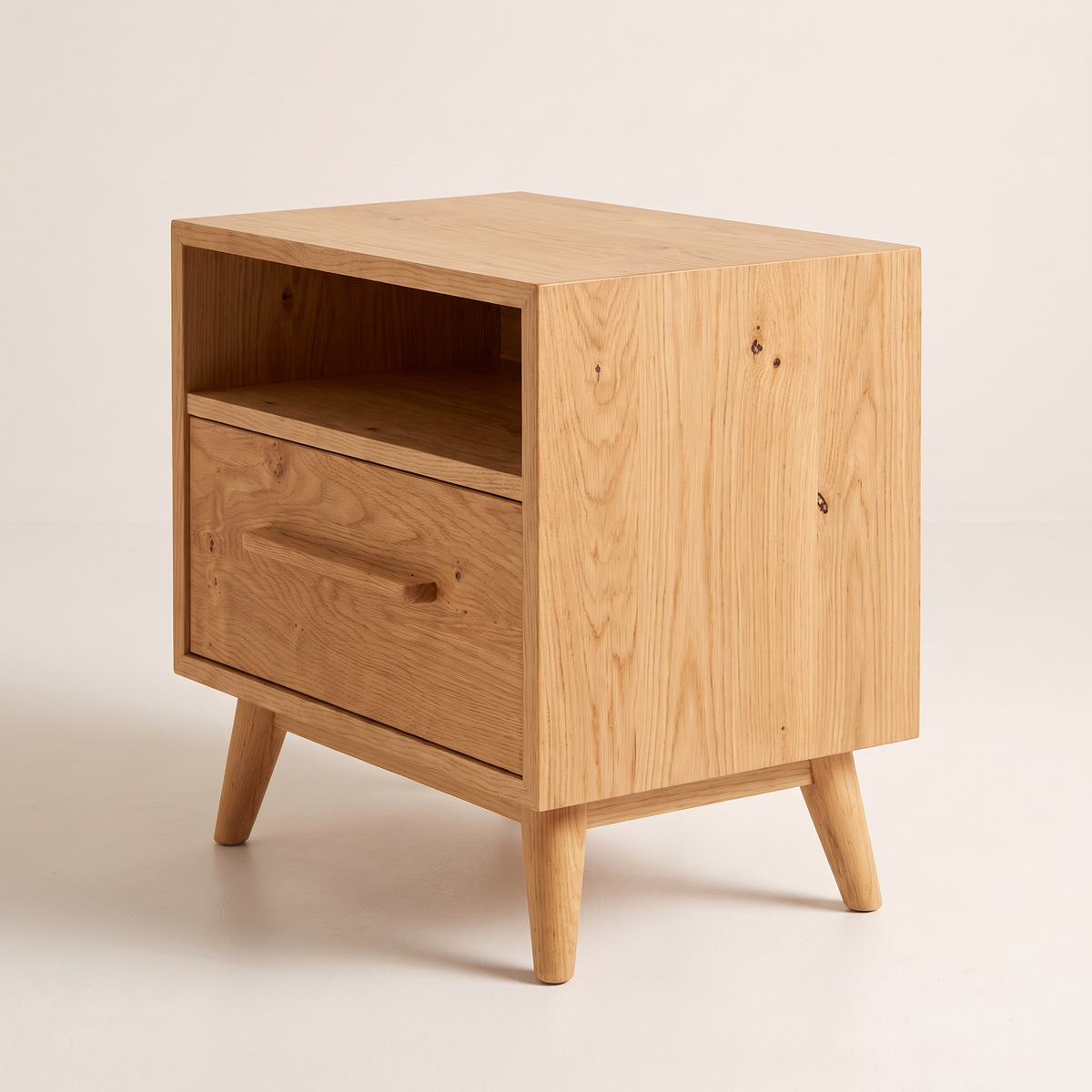 Night Stand 815 bedside table in natural ash with open cubby, front right three-quarter view