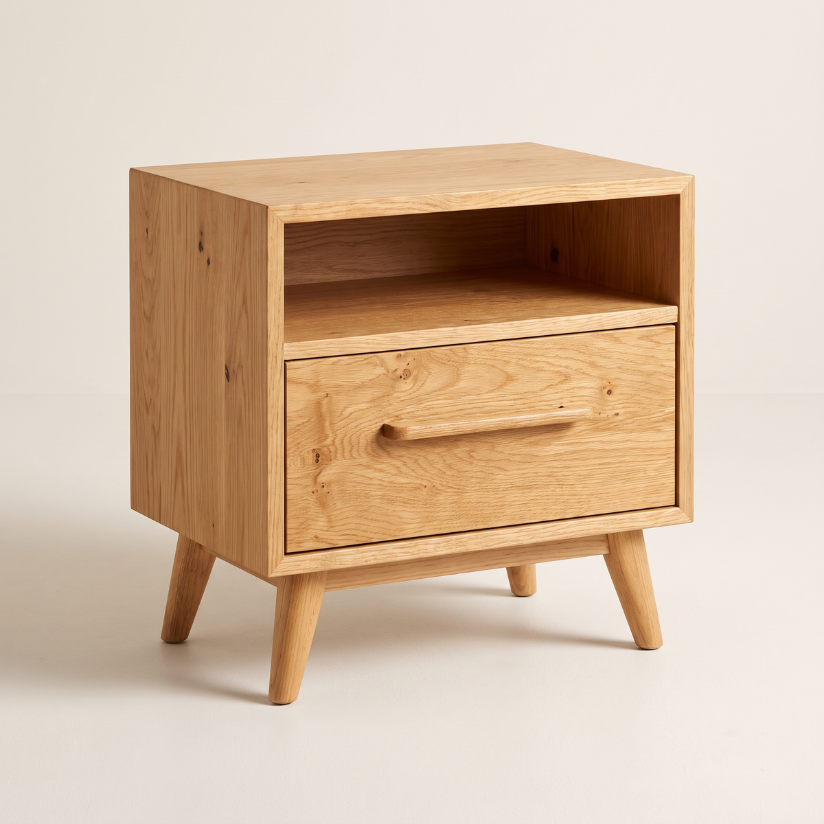 Night Stand 815 bedside table in natural ash with open cubby and one drawer, front three-quarter view