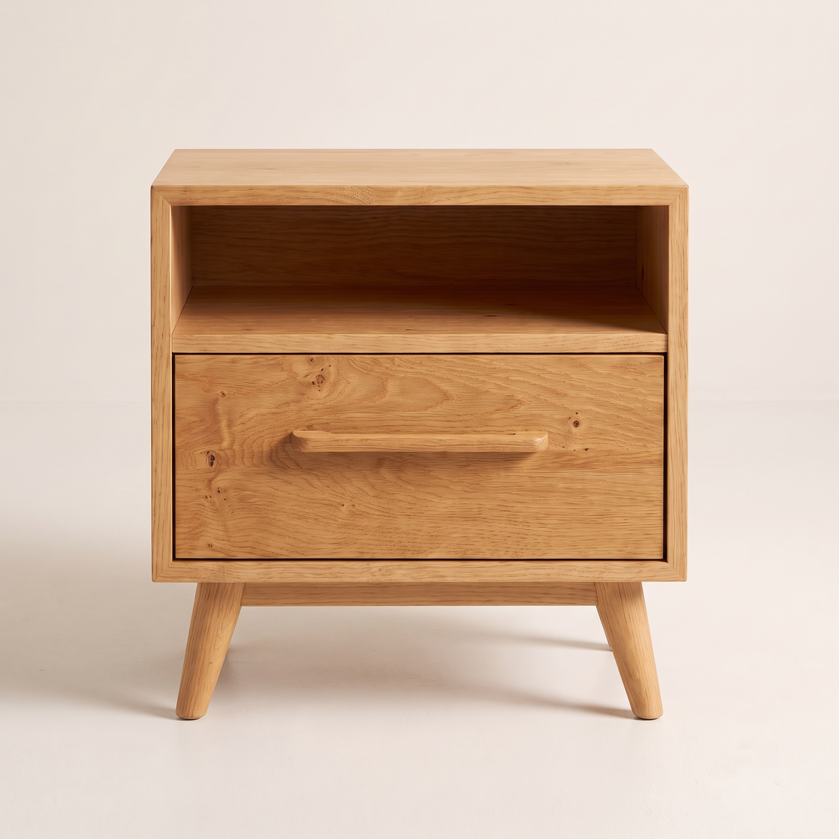 Night Stand 815 bedside table in natural ash with open cubby and wooden bar handle, front view