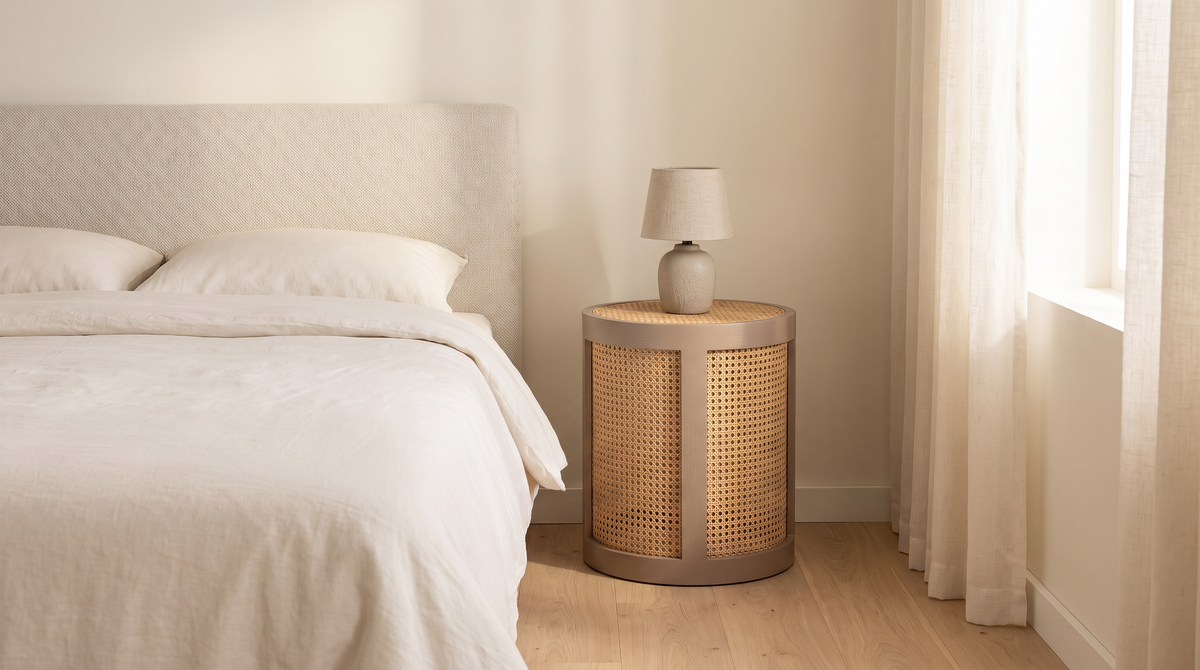 Night Stand 816 drum bedside table styled beside a bed in a calm bedroom