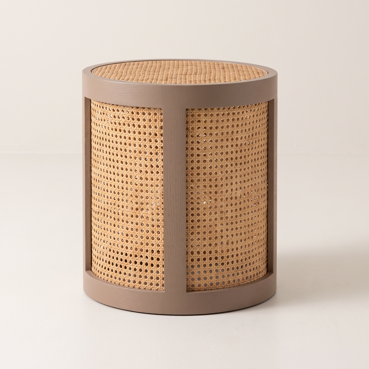 Night Stand 816 drum bedside table in taupe ash frame with woven cane panels, three-quarter view