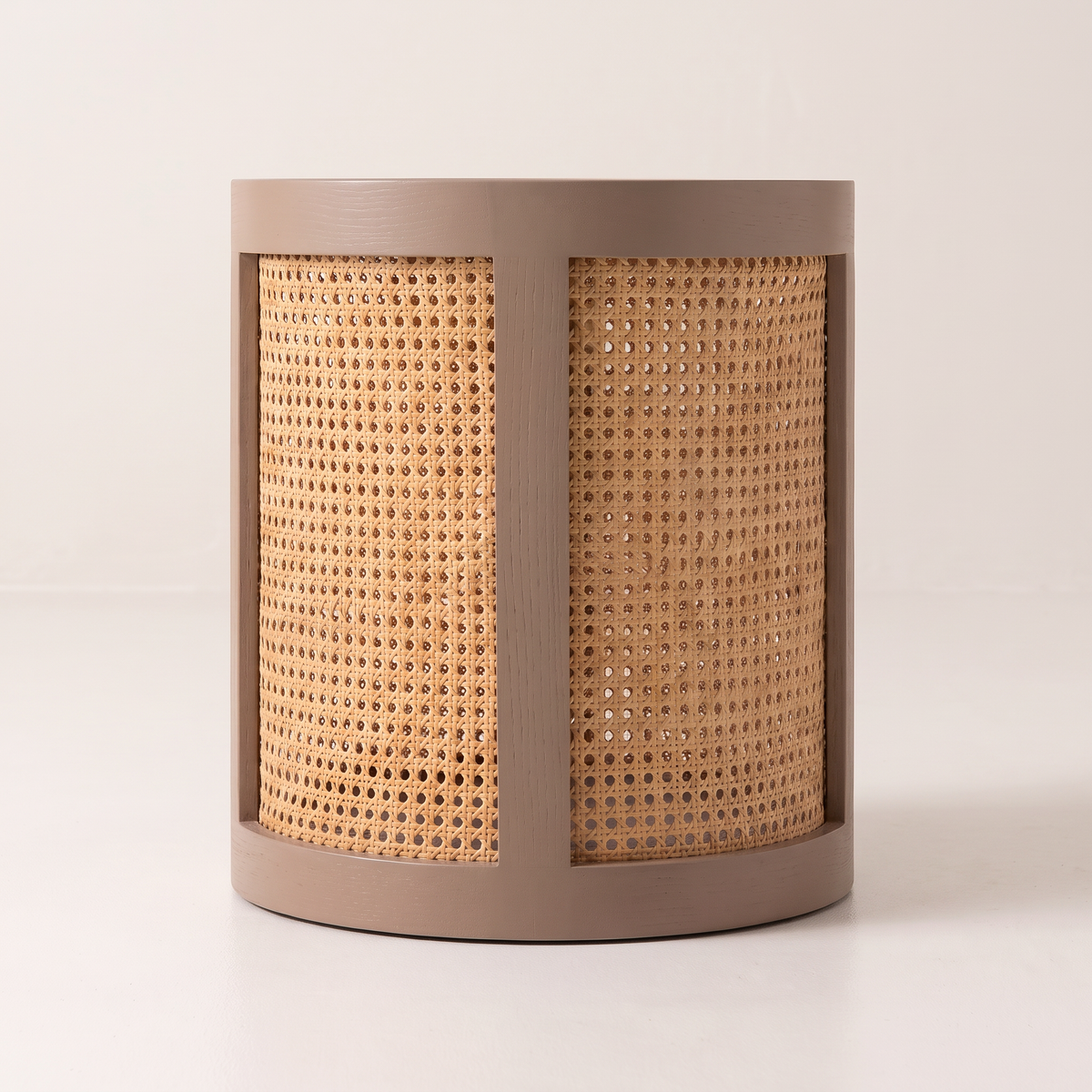 Night Stand 816 drum bedside table in taupe ash and woven cane, front view