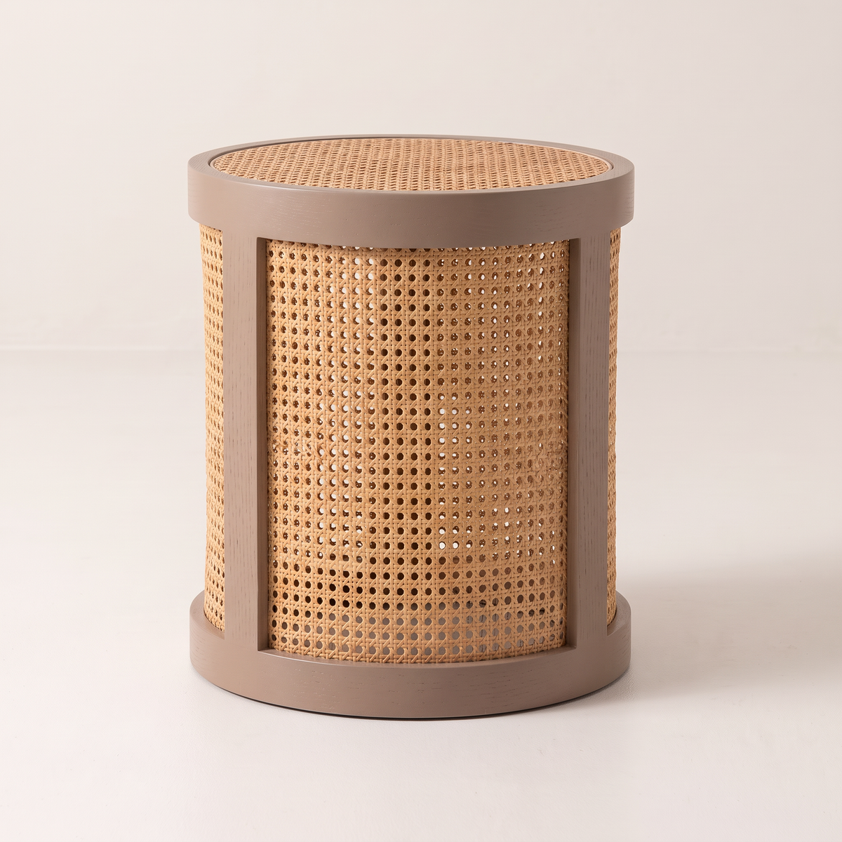 Night Stand 816 drum bedside table showing a woven cane panel between taupe posts, side view