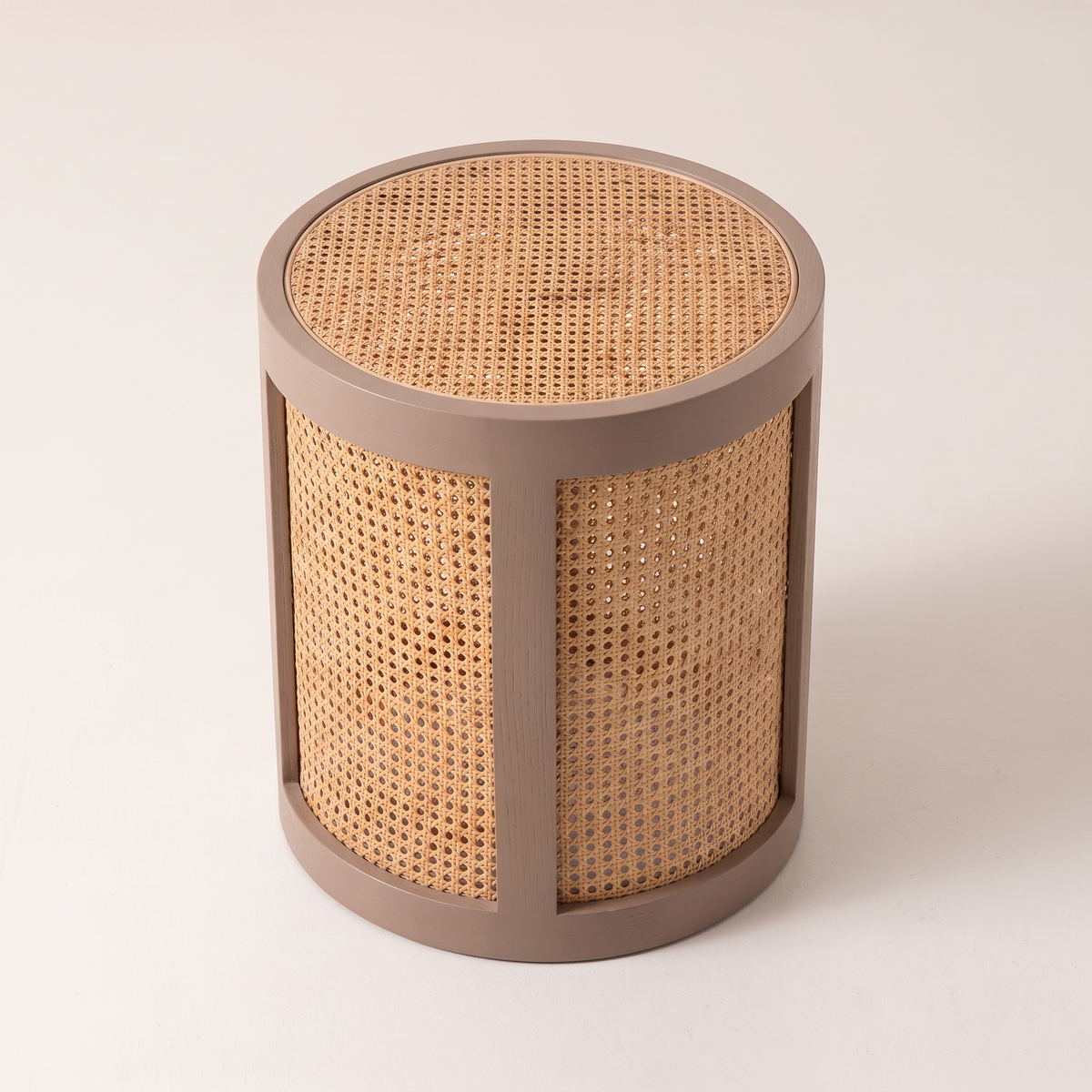 Night Stand 816 drum bedside table with cane top in taupe ring, elevated view