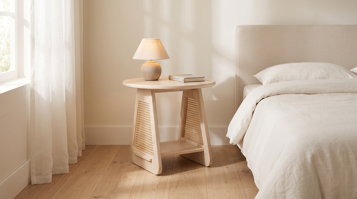 Night Stand 817 round bedside table styled beside a bed in a calm bedroom