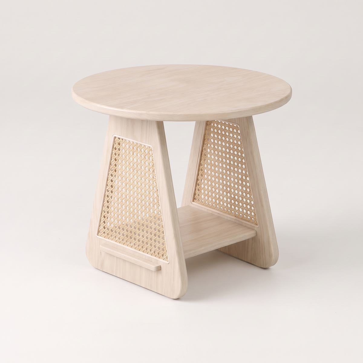Night Stand 817 round bedside table in pale ash and cane, opposite three-quarter view