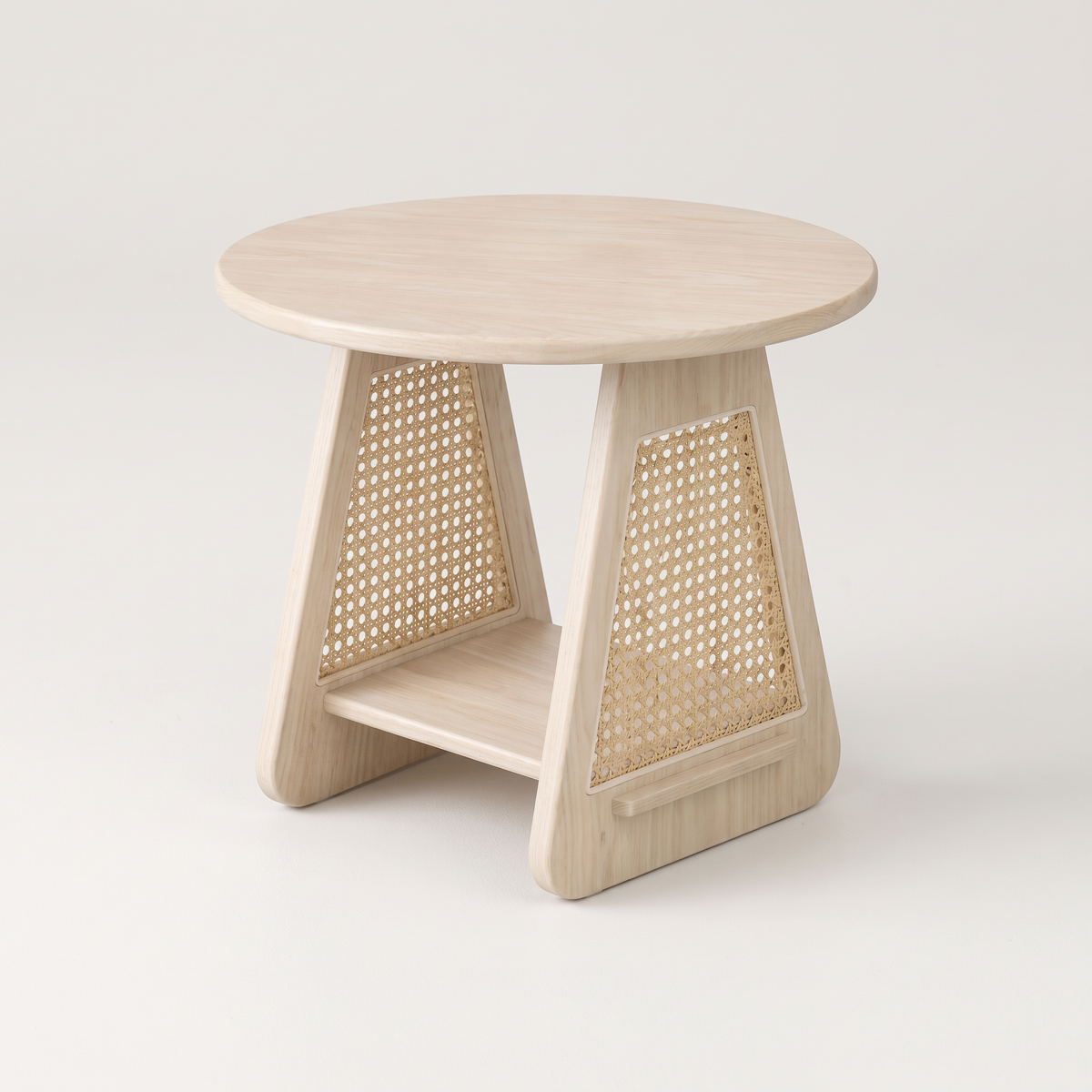 Night Stand 817 round bedside table in pale ash with cane A-frame supports and low shelf, three-quarter view
