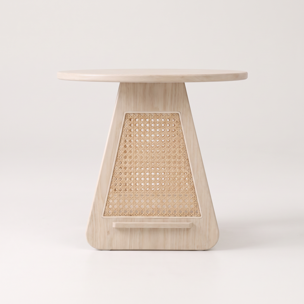 Night Stand 817 round bedside table showing pale ash support with woven cane panel, side profile view