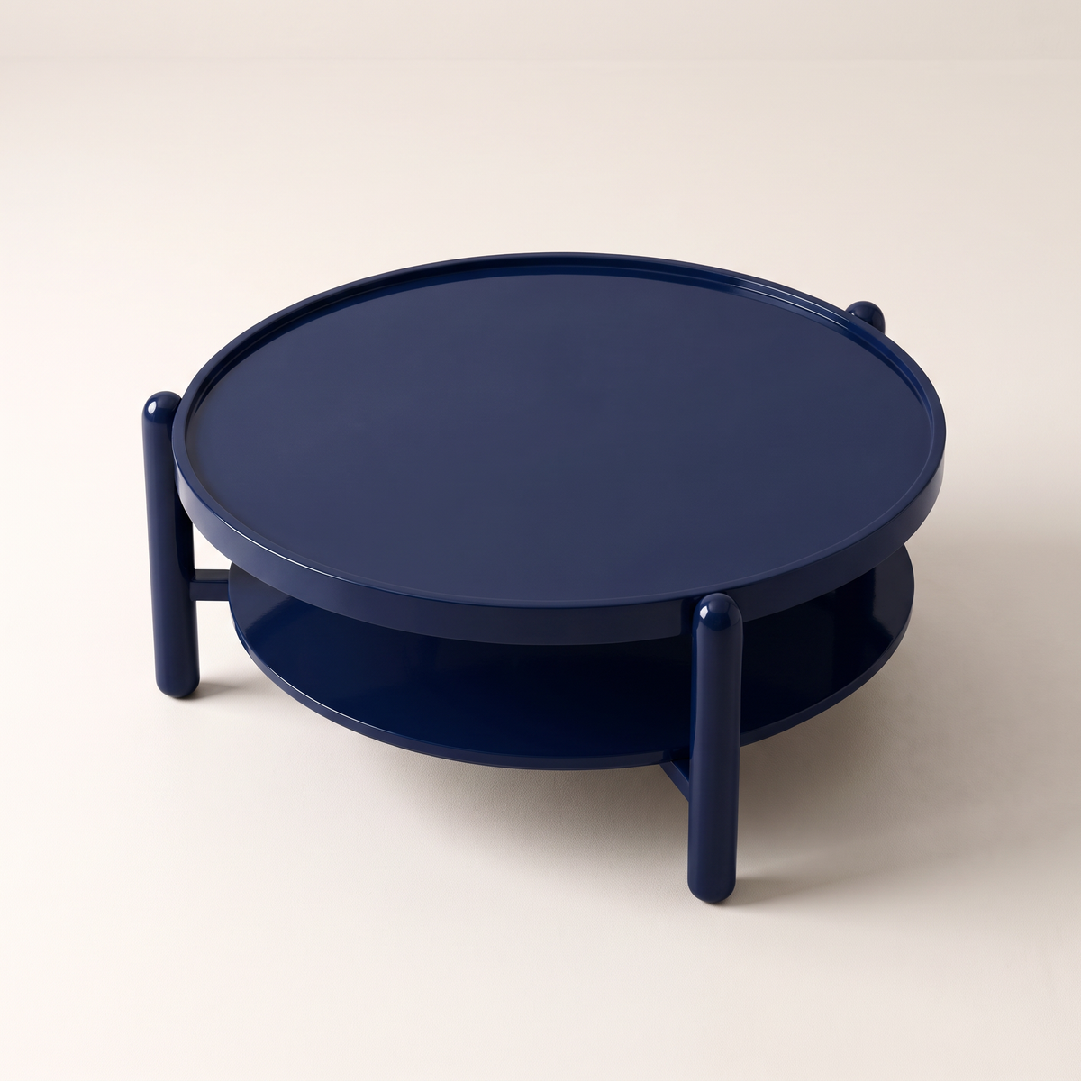 Noir Blue coffee table rimmed round navy tray top, elevated top view