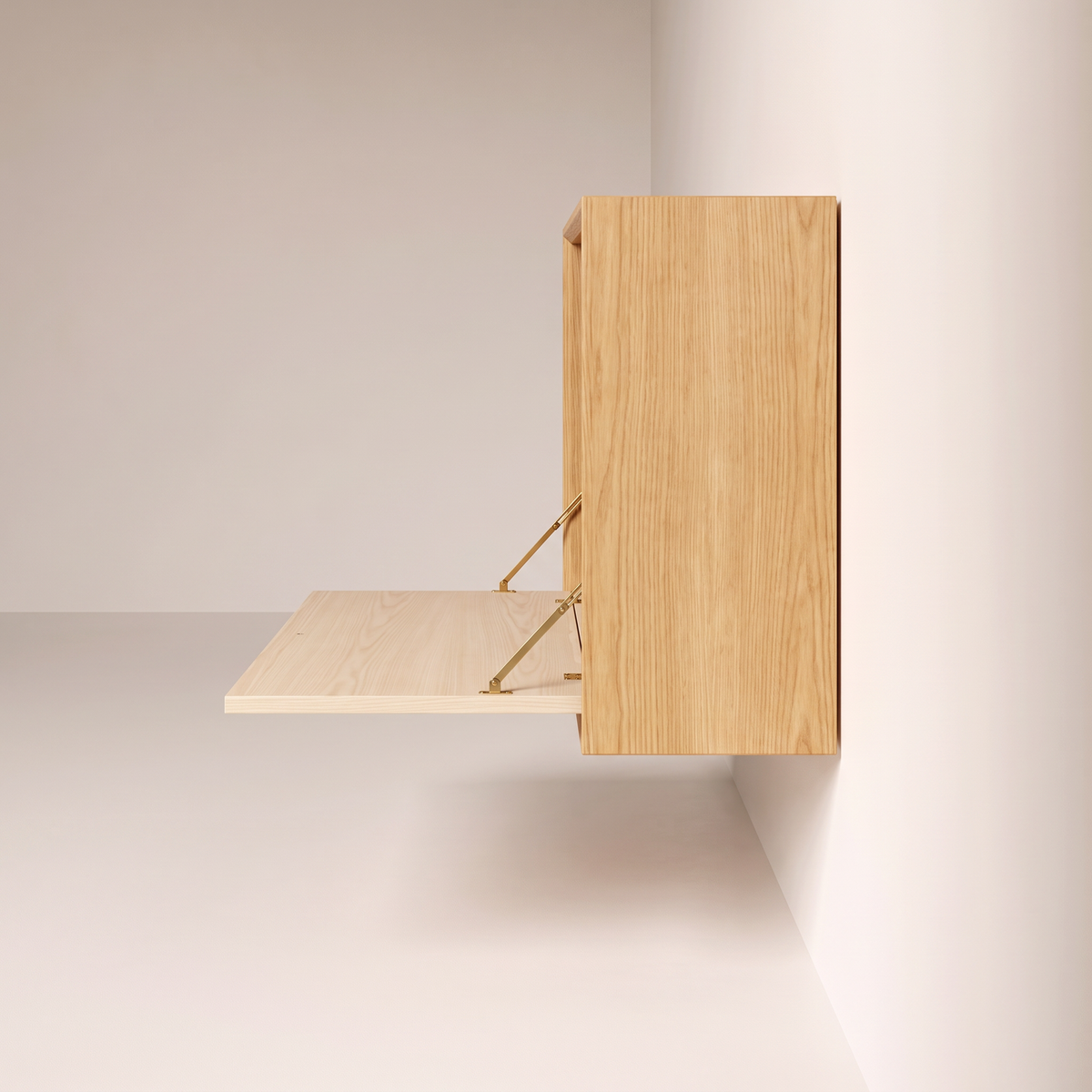 Nook Fold Desk open, side profile showing the slim wall-hung cabinet and fold-out writing surface