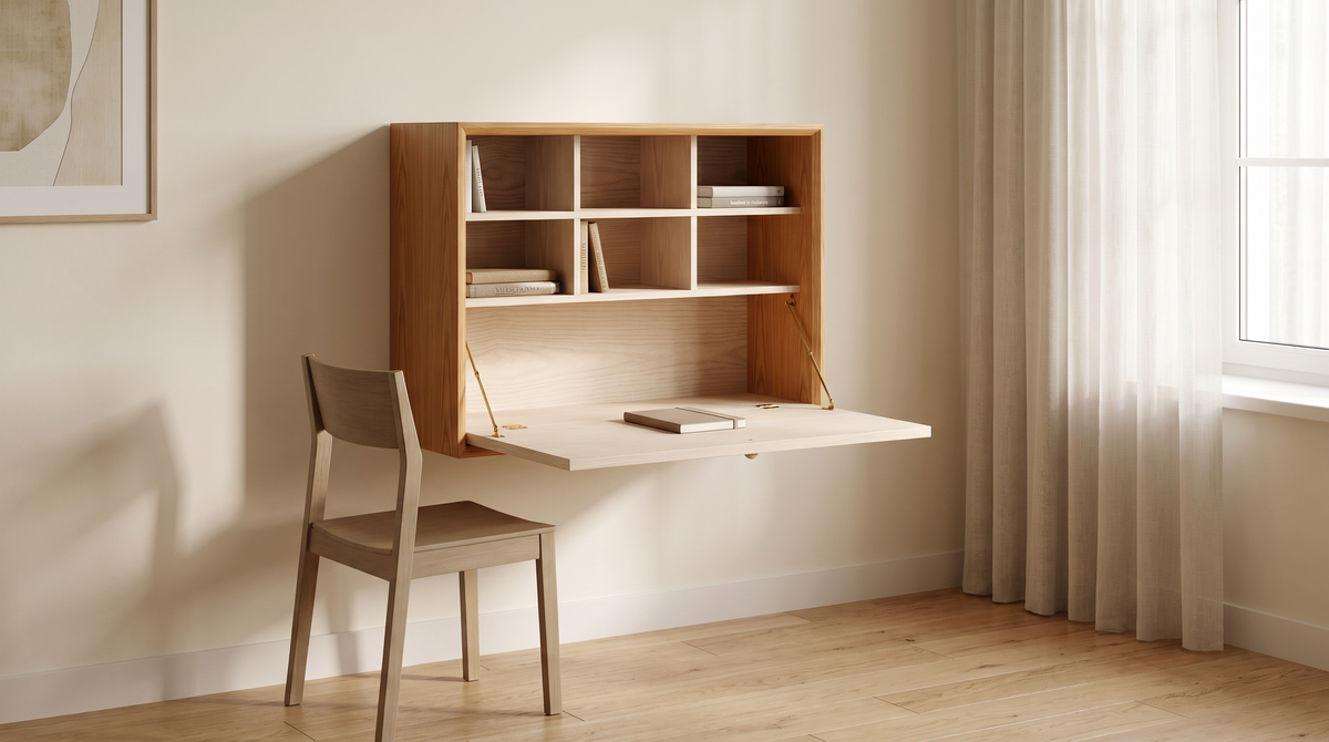 Nook Fold Desk open on the wall of a calm home study with a simple wooden chair