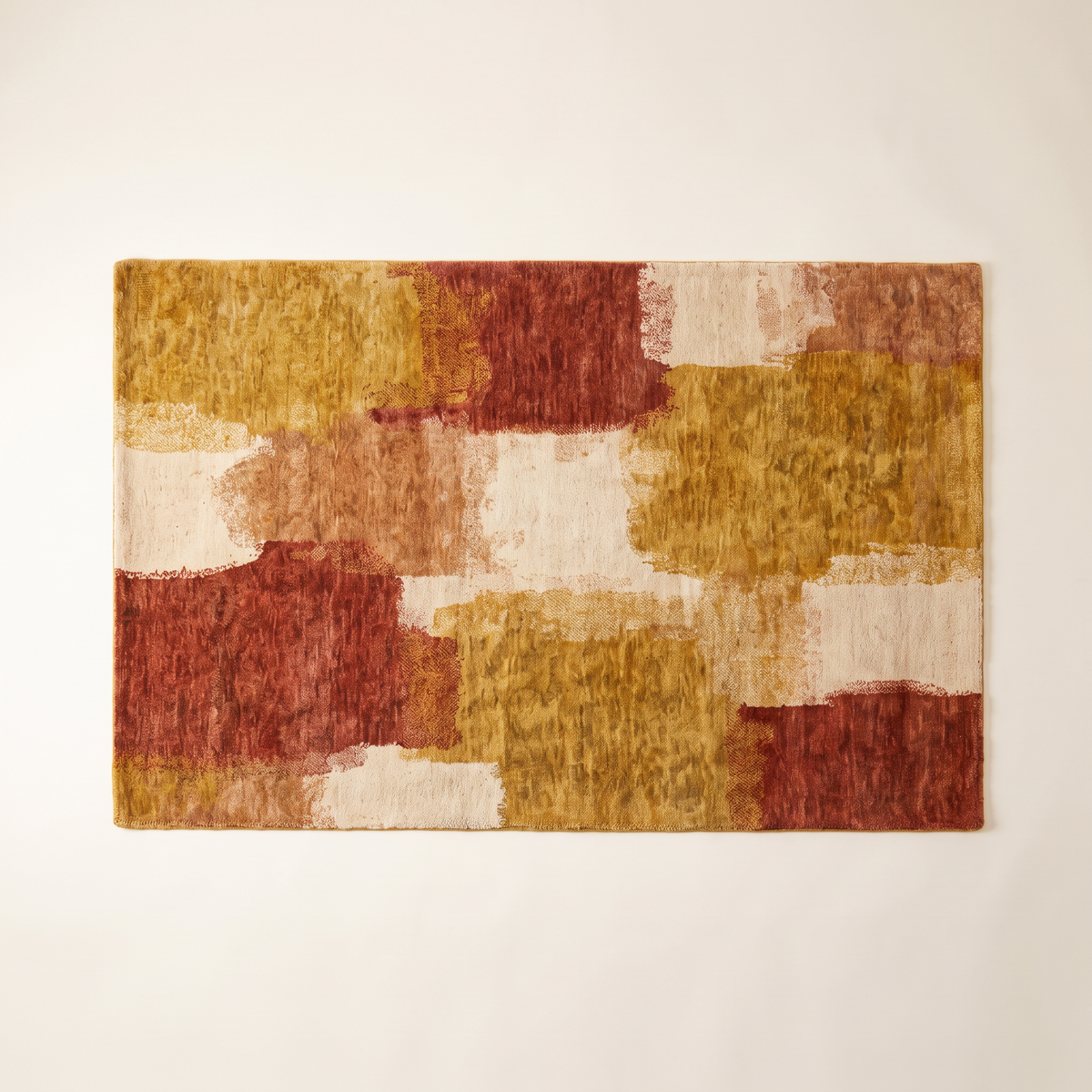 Ochre Field Rug in ochre, rust and cream wool, overhead flat lay of the full design