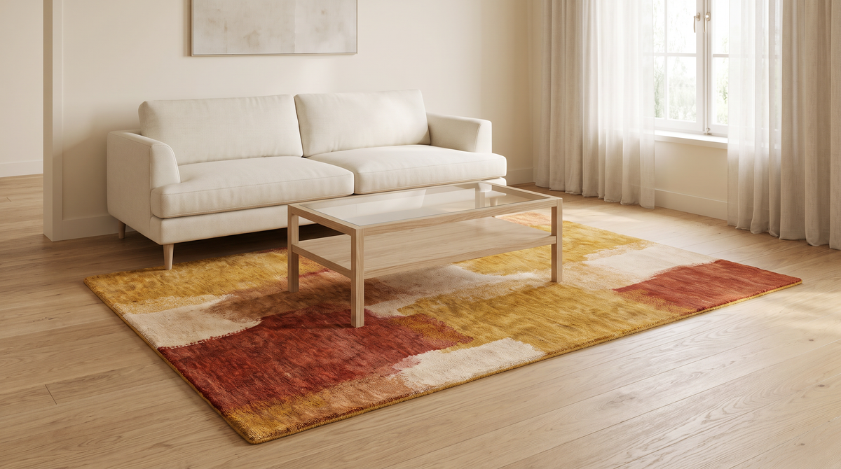 Ochre Field Rug styled under a coffee table with an ivory sofa in a calm living room