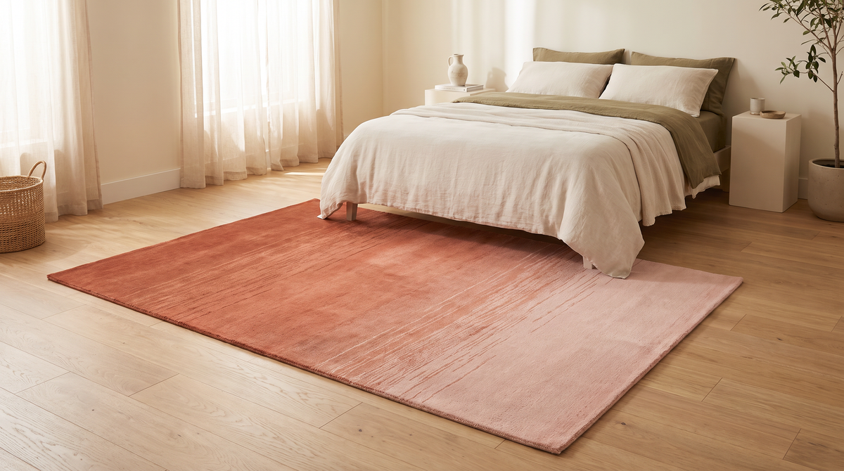 Ombre Dusk Rug styled under a bed in a calm bedroom