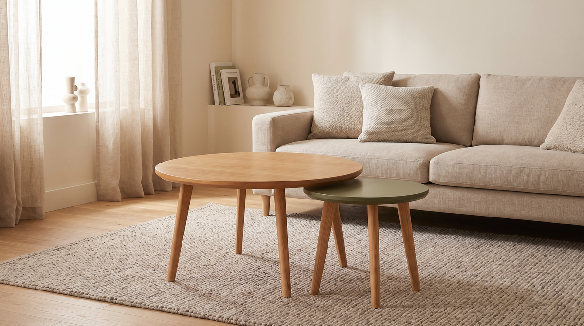 Orbit Nest nesting coffee tables styled in a calm living room in front of a linen sofa