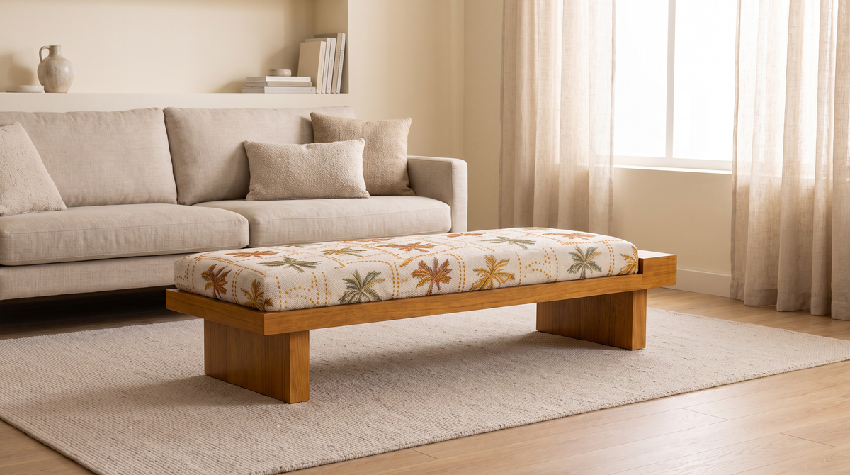 Palmira 1 bench styled in a calm living room on a pale rug
