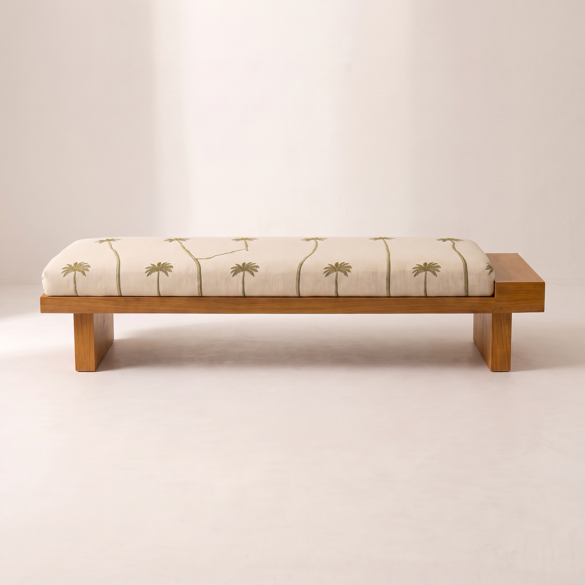 Palmira 2 bench, straight front view showing the slab supports and bare wood end