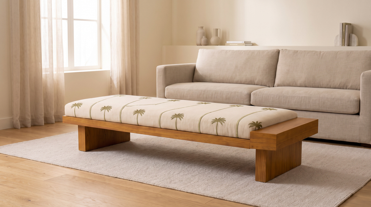 Palmira 2 bench styled in a calm living room on a pale rug