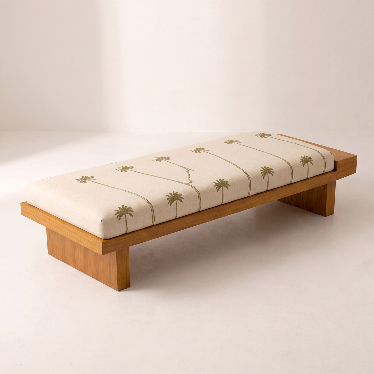 Palmira 2 bench, elevated three-quarter view showing the palm-print cushion top