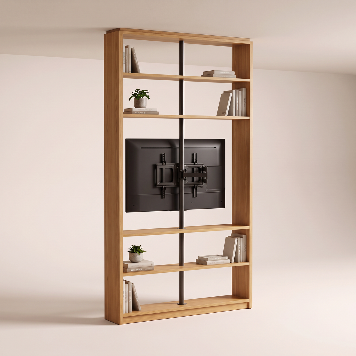 Partition Swivel seen from the other side, showing the TV swivel bracket on the steel pole and double-sided shelves