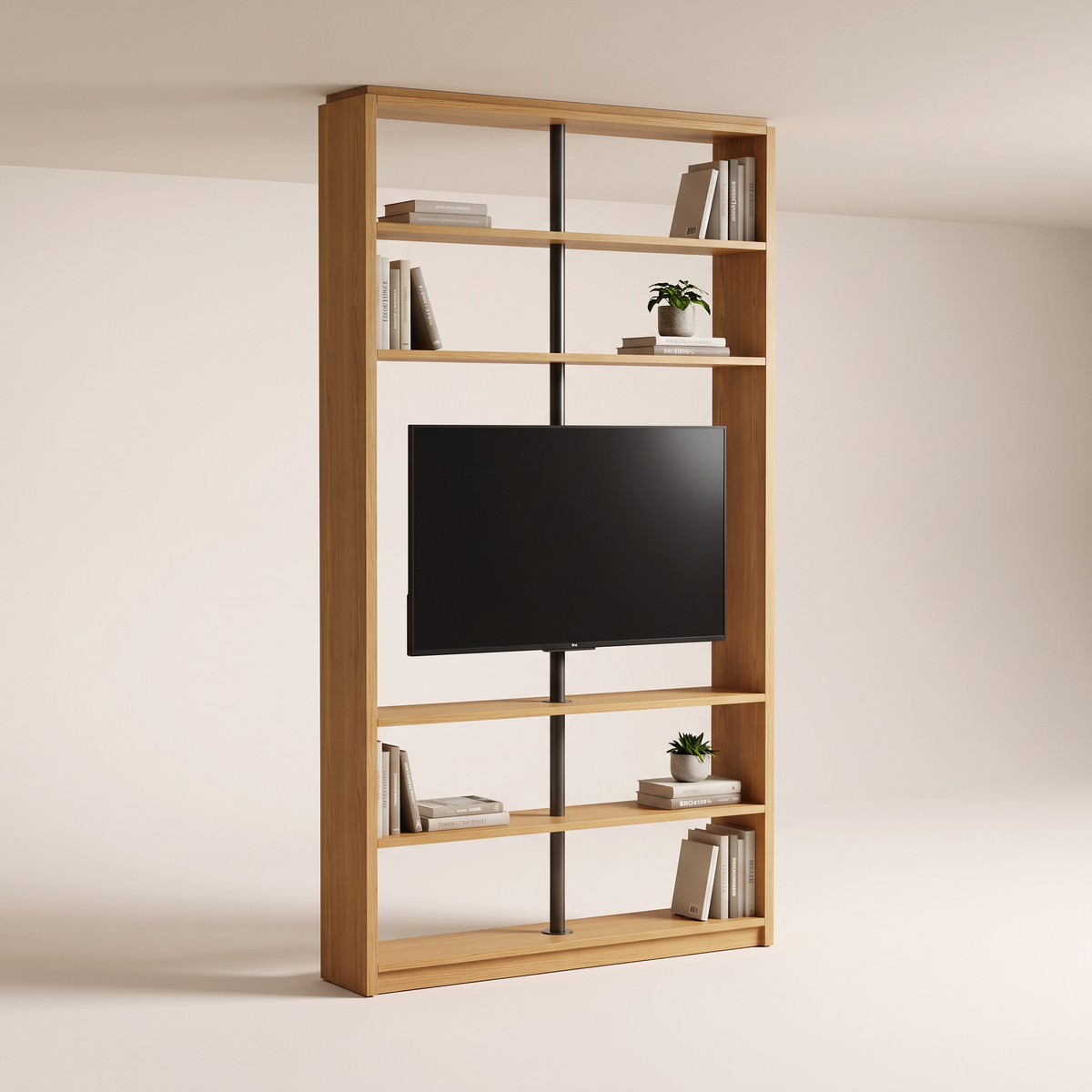 Partition Swivel floor-to-ceiling honey ash TV partition with central steel pole, swivel TV mount and open double-sided shelves