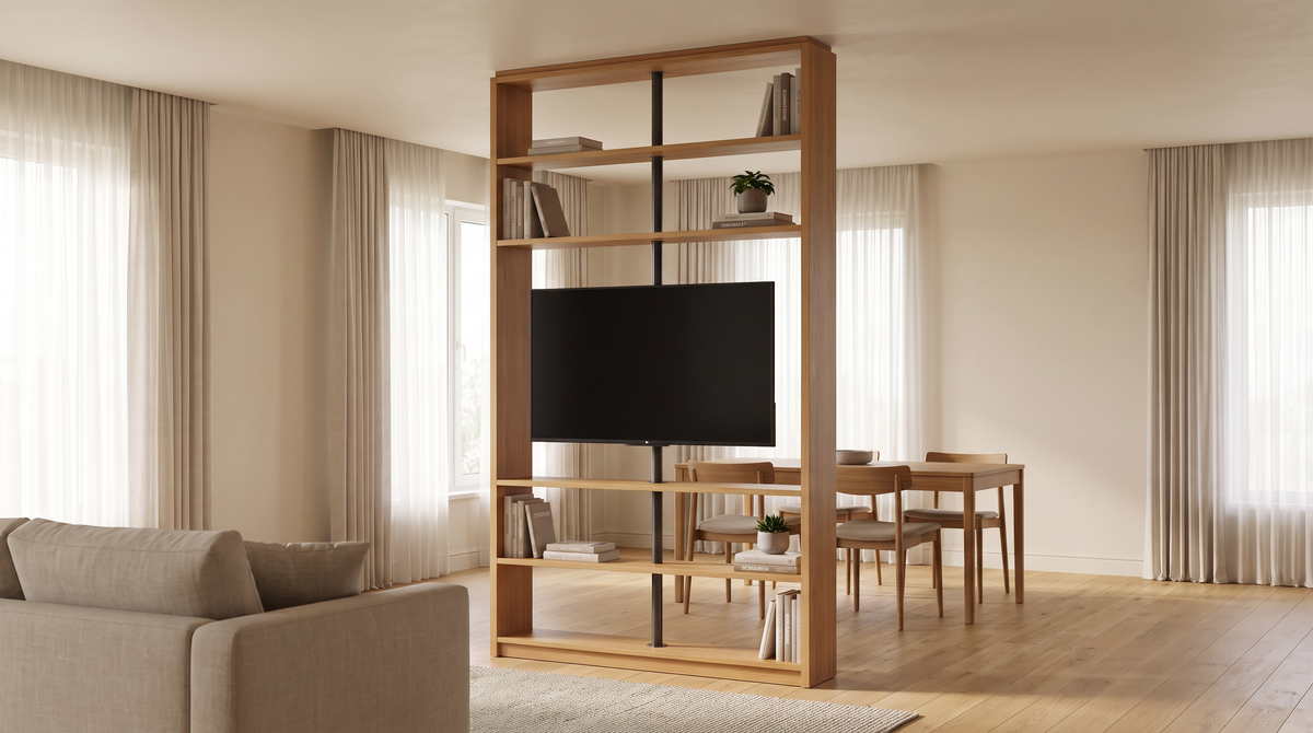 Partition Swivel dividing a calm living area from a dining area