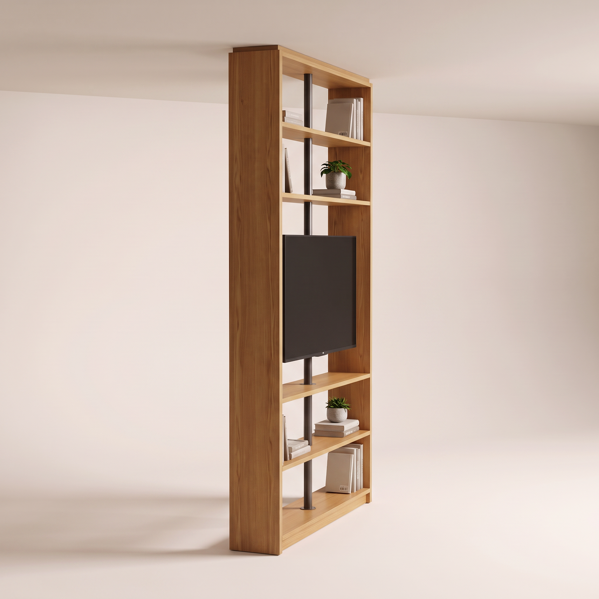 Partition Swivel honey ash TV partition seen from the left side, showing depth and open shelves