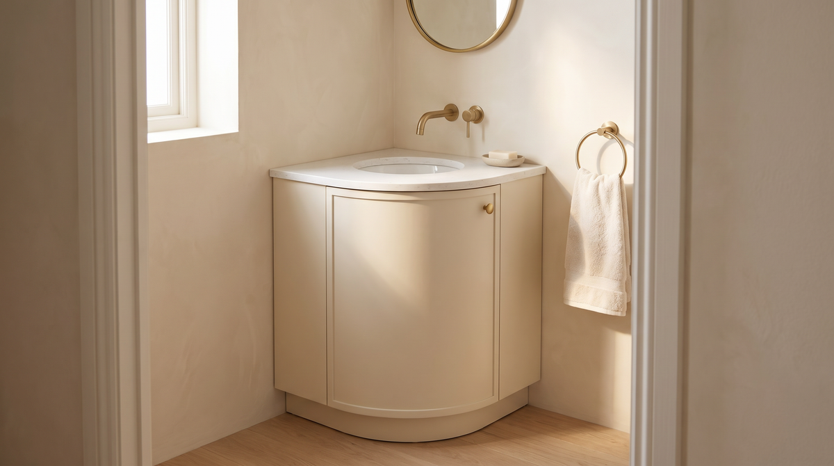 Petite Corner Vanity in ivory styled in the corner of a small powder room
