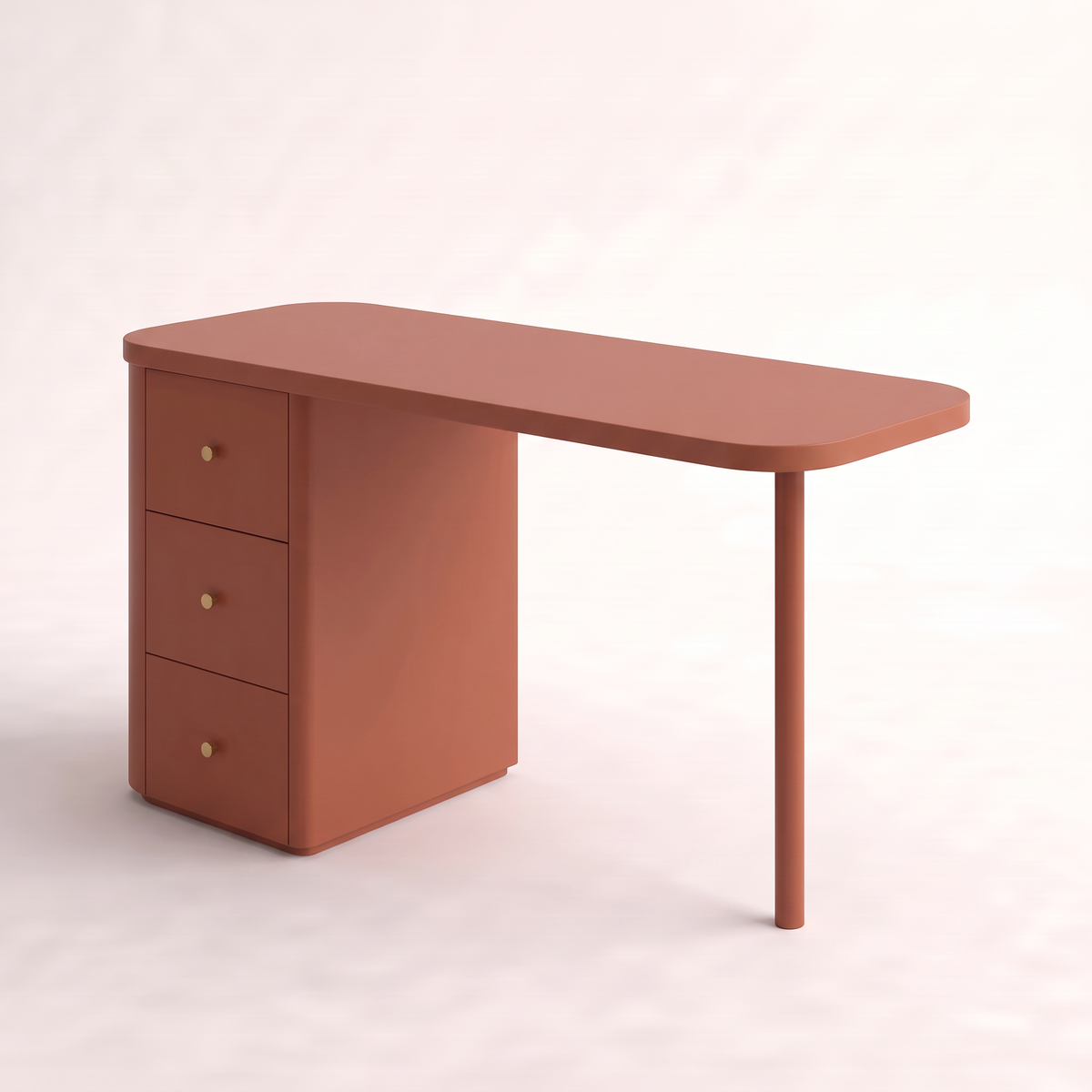 Pillar Rust desk in rust lacquer with single slim steel leg, front-right three-quarter view