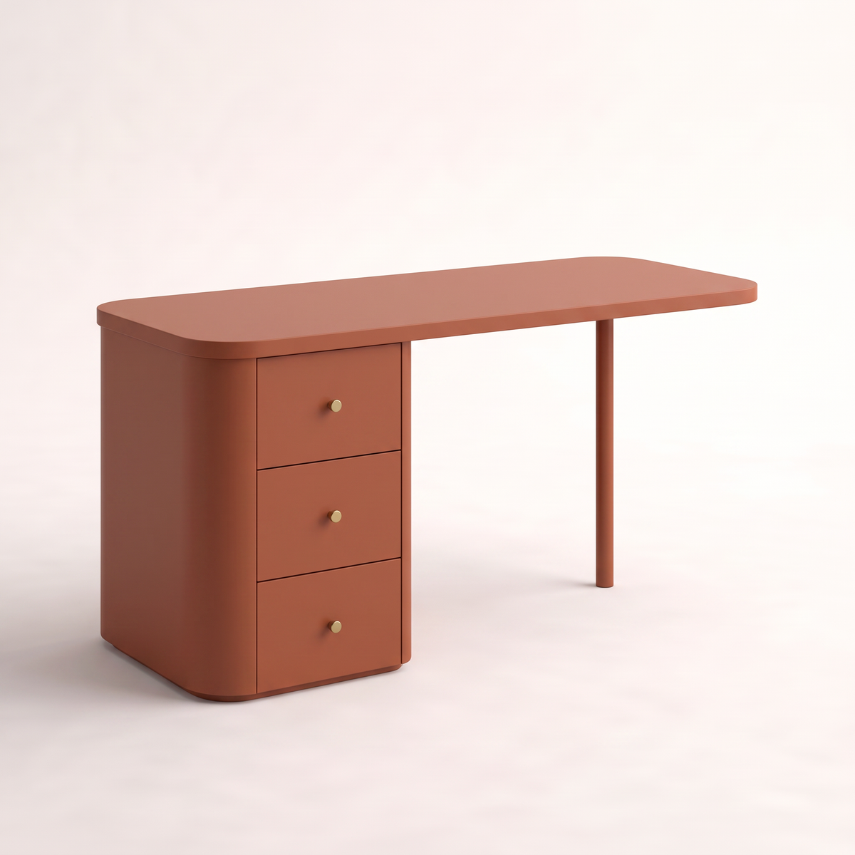 Pillar Rust asymmetric desk in rust matte lacquer with rounded three-drawer tower and single slim steel leg, front three-quarter view