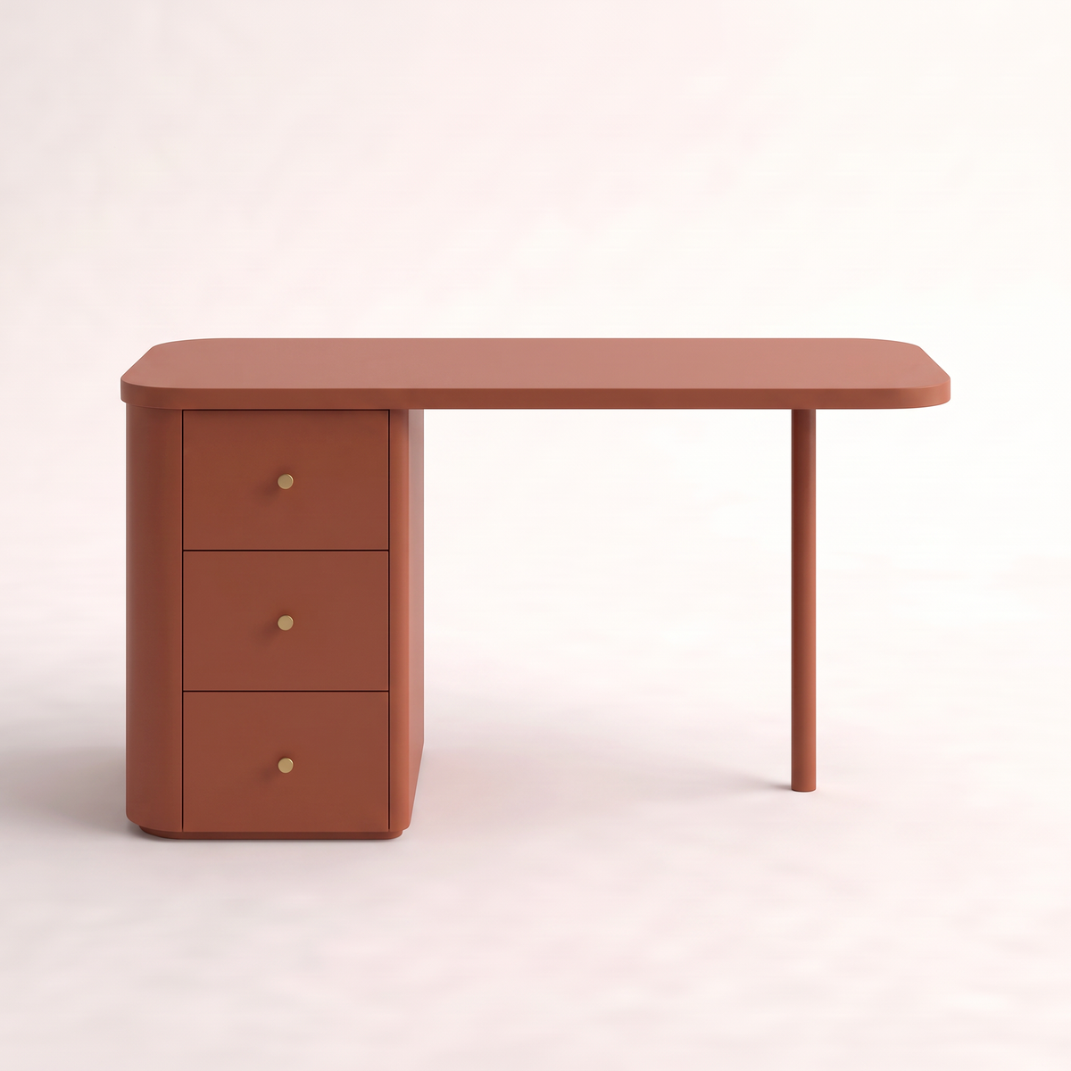 Pillar Rust desk in rust lacquer with brass-knob drawer tower and single leg, front view