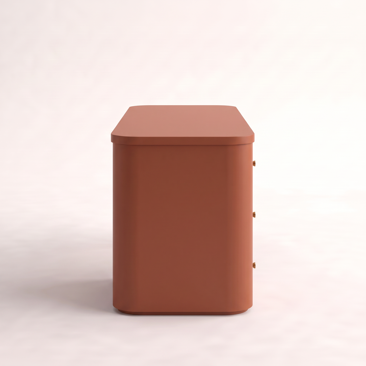 Pillar Rust desk in rust lacquer, side profile of the rounded drawer tower