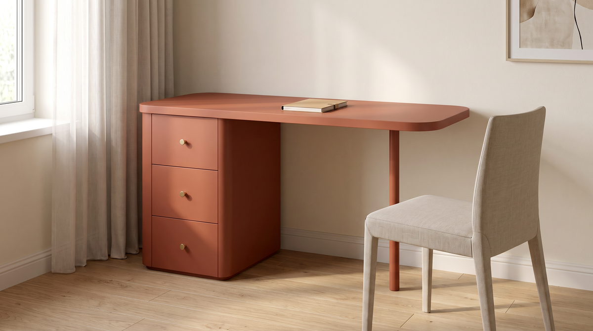 Pillar Rust rust-coloured desk styled in a calm home study corner
