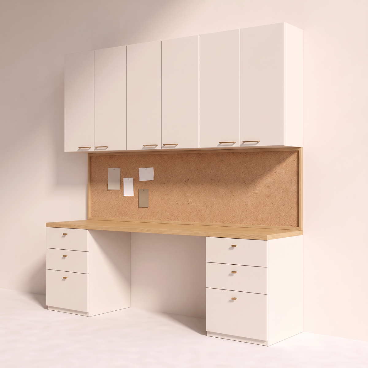 Pinboard Wall Study built-in study wall with ivory drawer pedestals, cork pinboard and overhead cabinets, front-right three-quarter view