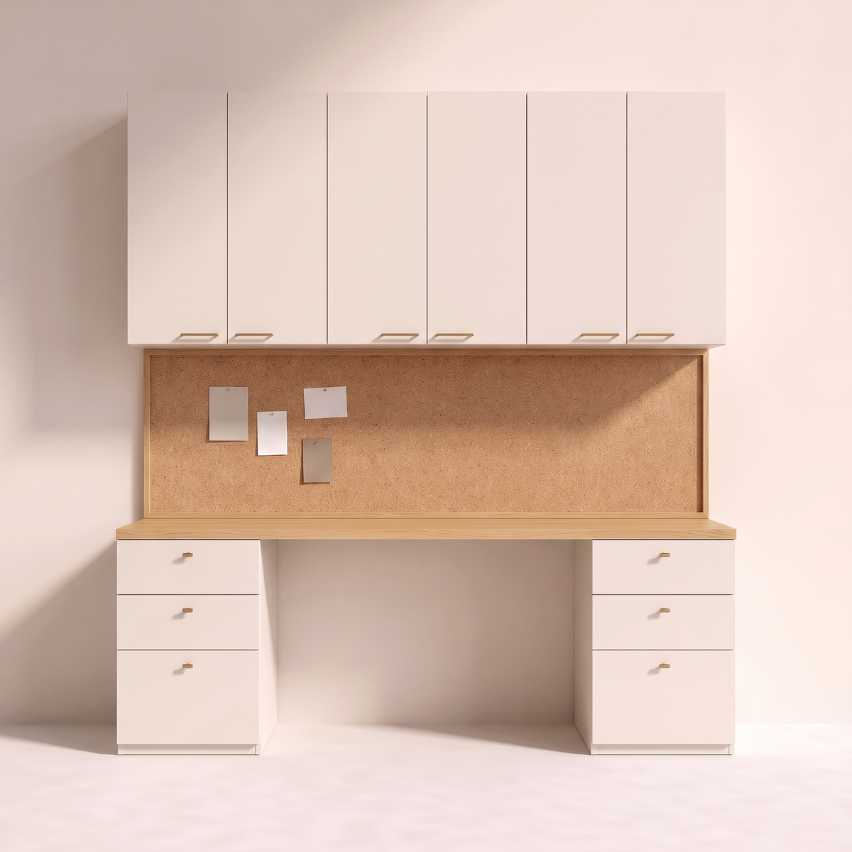 Pinboard Wall Study built-in study wall in ivory laminate with ash desk top and cork pinboard, straight front view