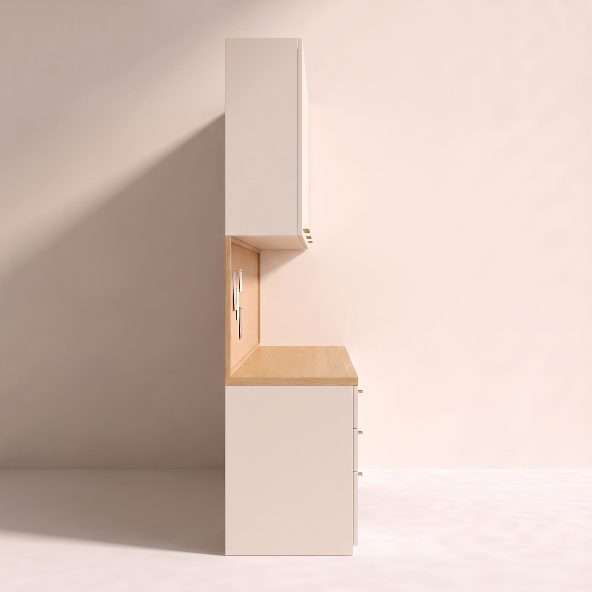 Pinboard Wall Study built-in study wall, side profile showing desk depth, cork panel and overhead cabinets