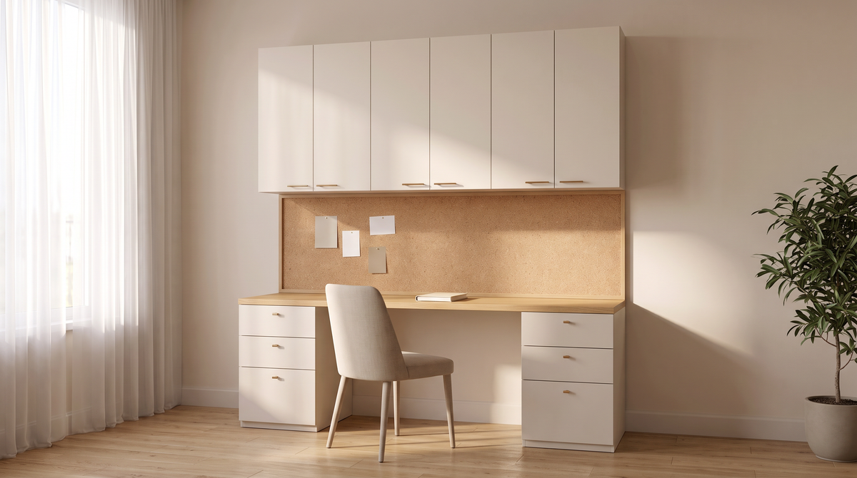 Pinboard Wall Study built-in study wall styled in a calm home study with a neutral chair
