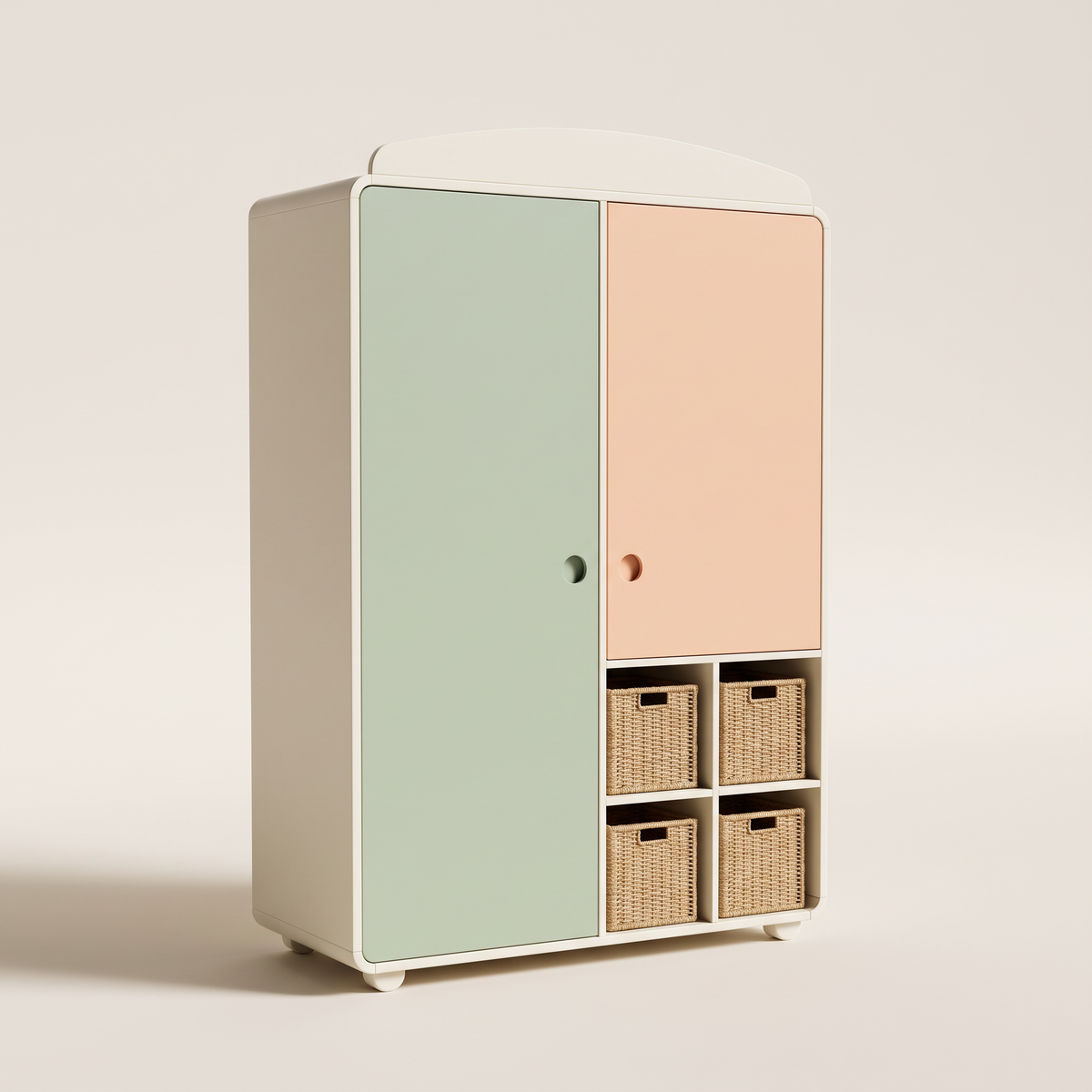 Pip Kids Wardrobe in ivory with a pastel sage door, pastel peach door, round cut-out handles and four basket cubbies, front three-quarter view
