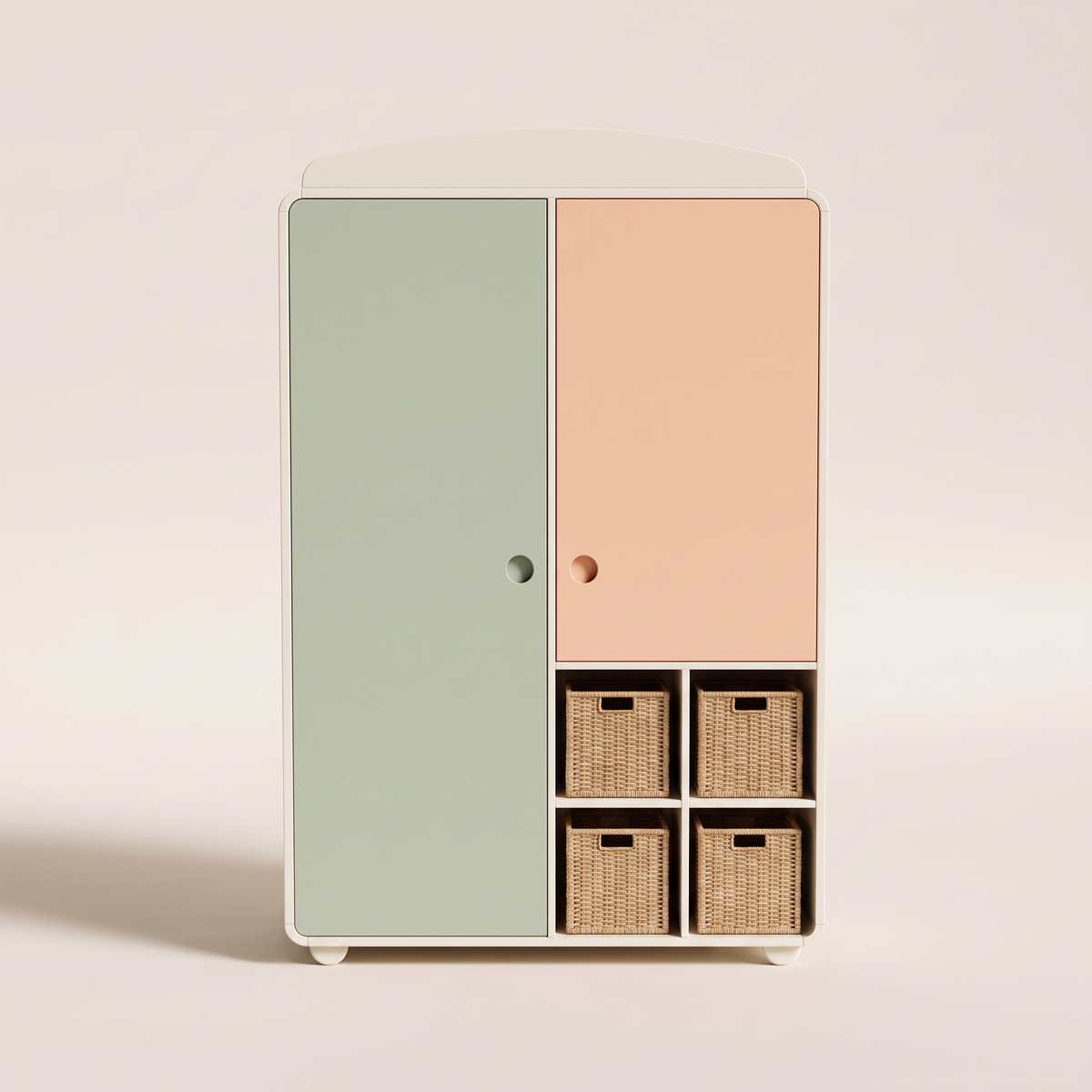 Pip Kids Wardrobe with sage and peach doors, woven basket cubbies and arched crown, straight front view